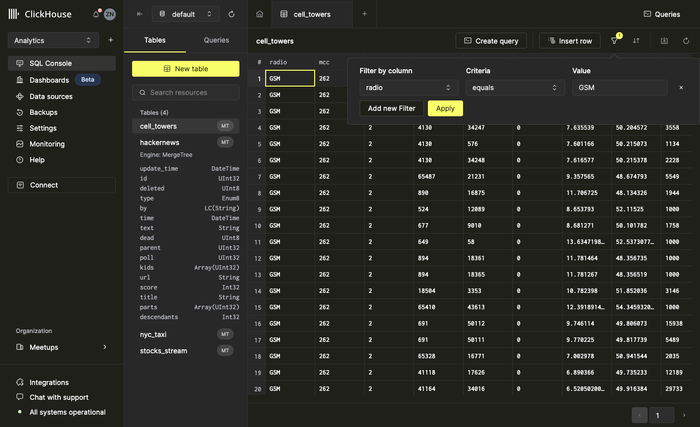 фильтр по столбцу radio равному GSM