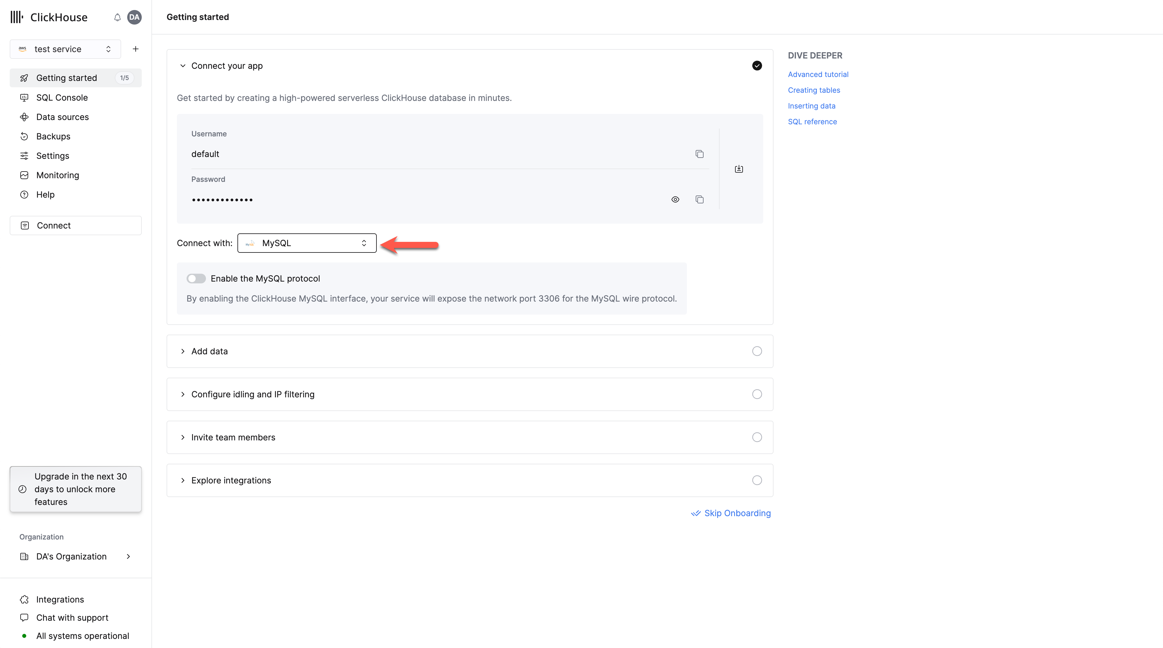 ClickHouse Cloud credentials screen showing MySQL interface selection dropdown