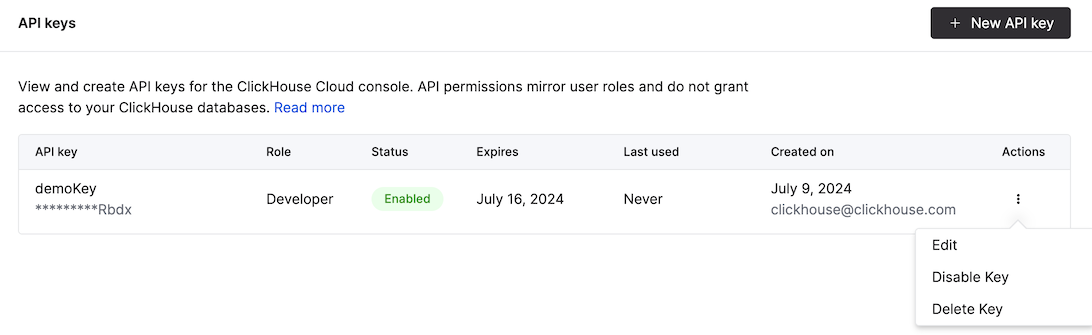 Страница управления API-ключами
