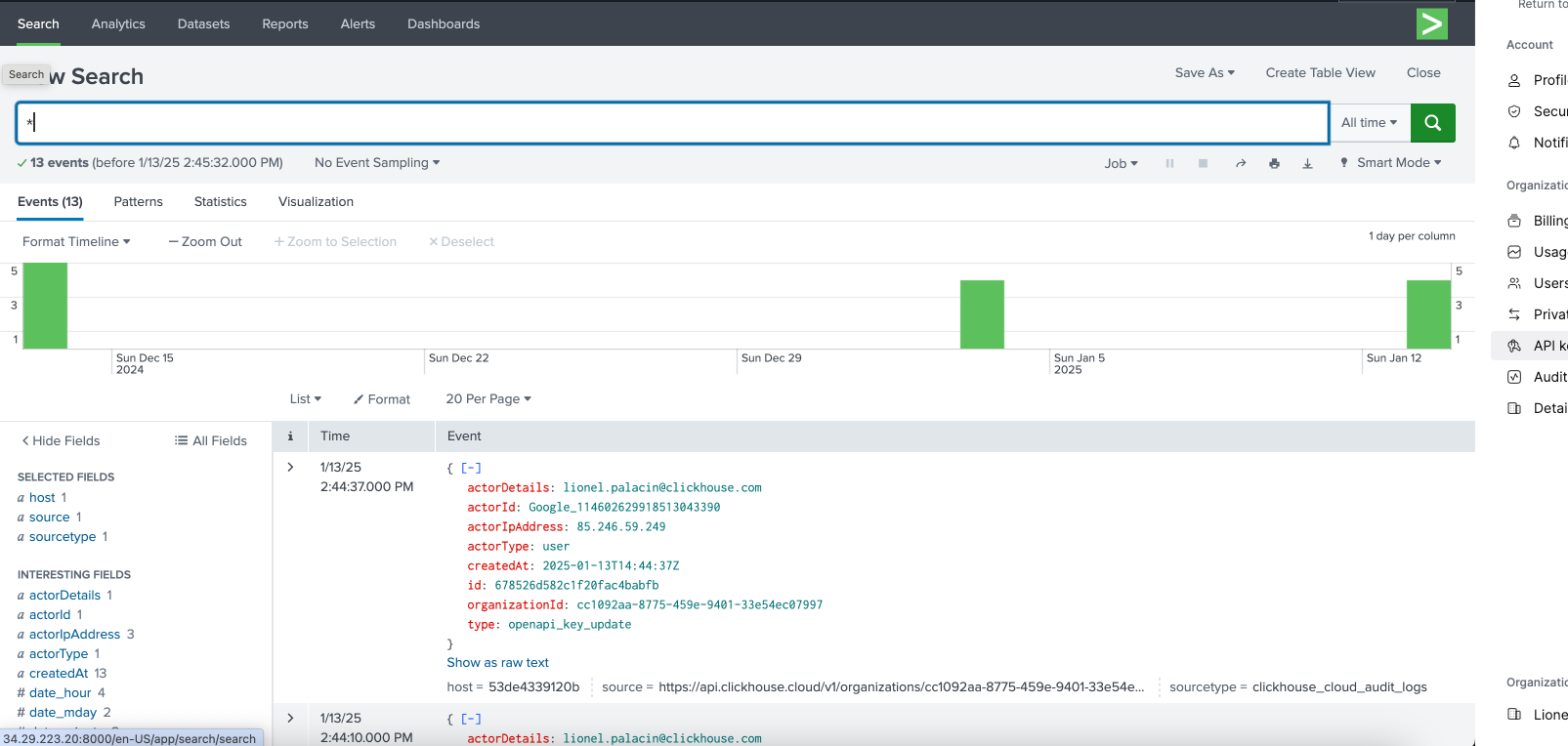 Интерфейс поиска Splunk, отображающий данные журналов аудита ClickHouse